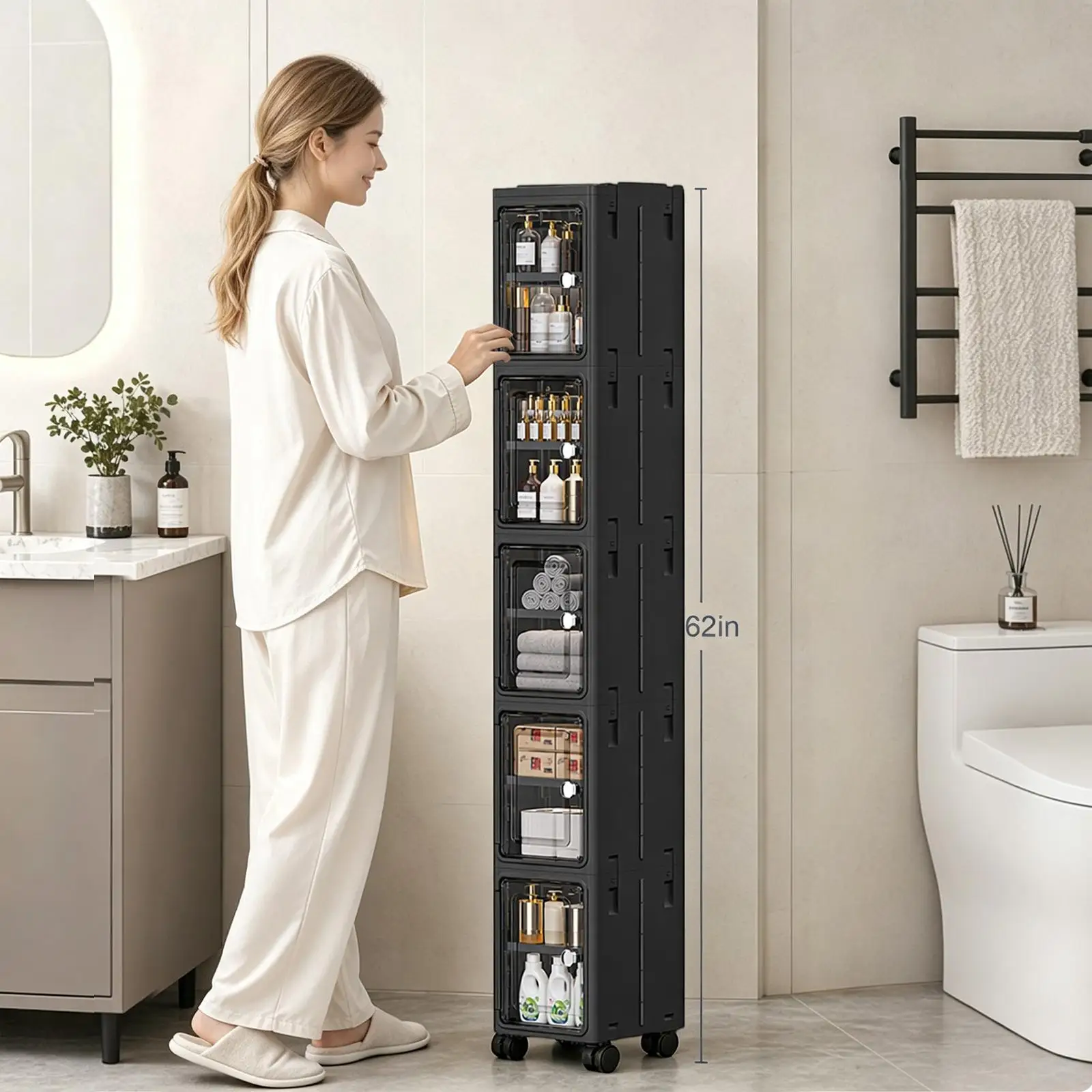 Kitchen Appliances Cabinet - 5-Tier Black Slim Narrow Rolling Storage